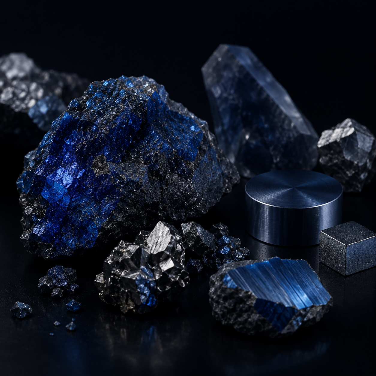 Blue cobalt-inspired mineral and metallic material reference for the Cobalt Depth campaign direction.