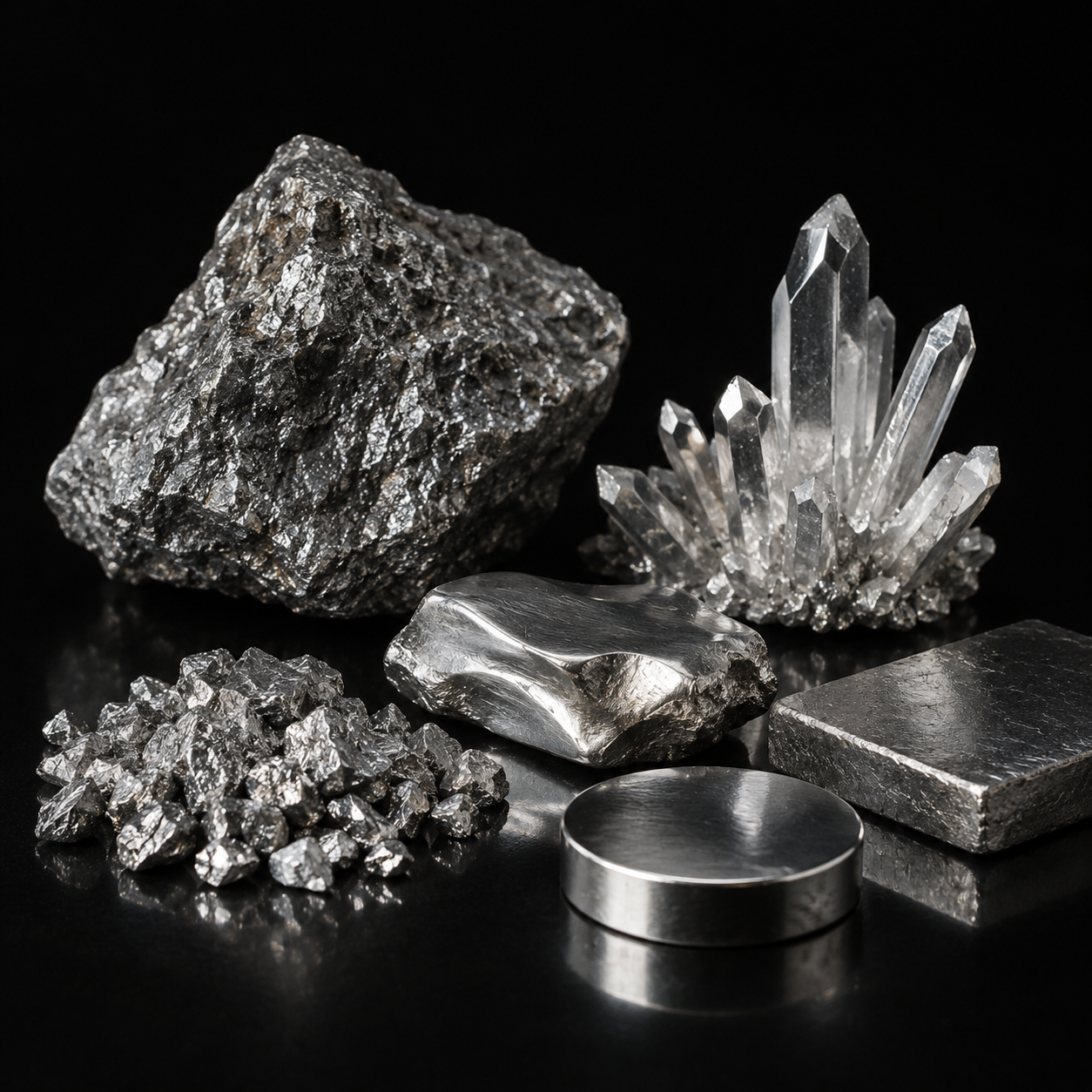 Silver-toned mineral and metallic material reference for the Argent Silver campaign direction.