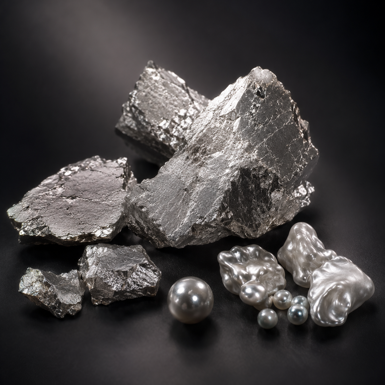 Palladium-inspired silvery metal and pearl material reference for the Palladium Pearl campaign direction.